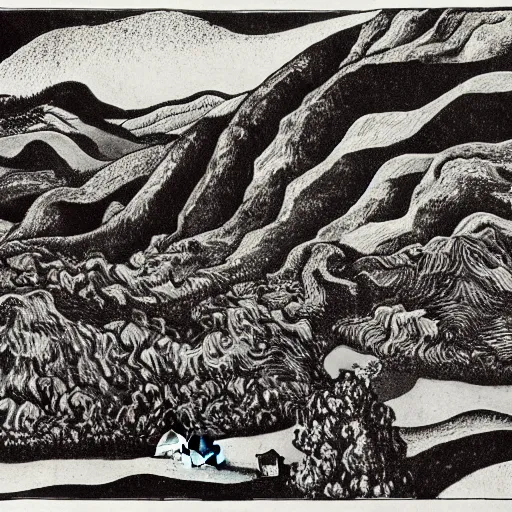 Image similar to landscape by MC Escher and Vincent Van Gogh