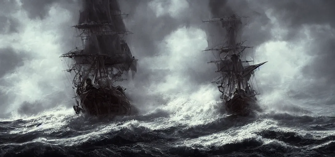 Image similar to wild ocean storm, old wooden pirate ship gets pulled down by giant kraken, appearing from fog, mist, dramatic lighting, cinematic, establishing shot, extremly high detail, foto realistic, pirates of the carribean, cinematic lighting, post processed, concept art, artstation, matte painting, style by eddie mendoza, raphael lacoste, alex ross