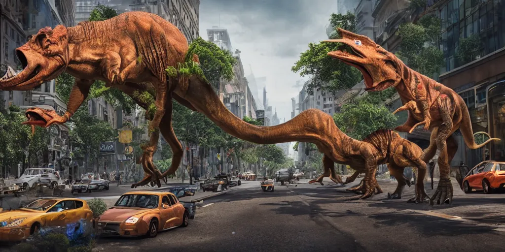 Prompt: a photographic picture of a street full of dinosaurs, photographic filter, unreal engine 5, realistic, hyperdetailed, 8 k, cinematic, volumetric lighting, very realistic effect, hd, hdr, 4 k, sharp focus, octane render, ultra detailed, high resolution, trending on artstation in the style of albert dros glowing rich colors powerful imagery