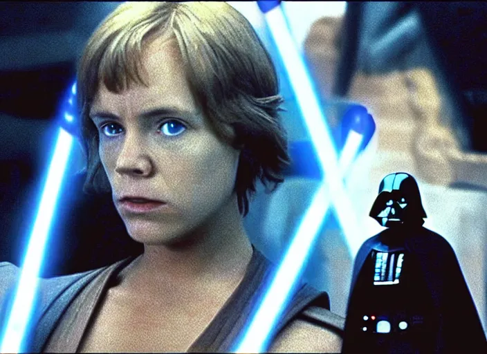 Image similar to screenshot from the lost star wars film, Luke Skywalker facing off against a female sith lord, iconic scene from the lost Star Wars film, Remnants Of the Empire, 1990 directed by Stanely Kubrick, lens flare, moody cinematography, with anamorphic lenses, crisp, detailed, 4k