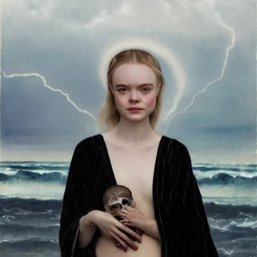 Image similar to Elle Fanning in a black robe holding a skull on the beach, head and shoulders portrait, stormy weather, extremely detailed masterpiece, Roger Deakin’s cinematography, oil on canvas, Norman Rockwell,