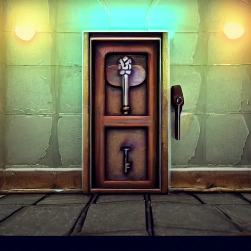 Prompt: a stylised key for the doors, key is on the center of image, point and click game inventory item, very detailed, dynamic lights, on the solid color background, high poly vray render, stylised textures, trending on artstation