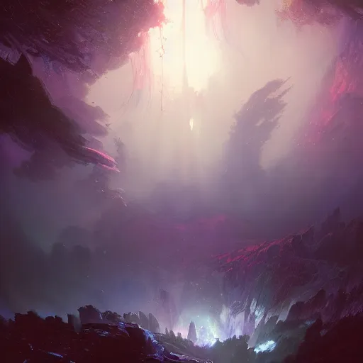 Image similar to luscious fibrous world made of mystical magical energy colorized as blue, red, and purple, illustrated by Greg Rutkowski and Gaston Bussiere, loquacious lighting, volumetric lighting, beautiful photography, landscape imagery, Trending on artstation, 4k, 8k.