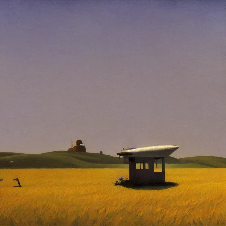 Prompt: a storybook illustration of a spaceship in cornfield, quiet foggy scene painted by Edward Hopper and Robert McGinnis masterpiece, intricate, elegant, fantasy, highly detailed, digital painting, concept art, sharp focus, artstation