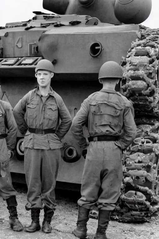 Prompt: A man in power armor stands next to World War II soldiers in a general photo near a tank, old photo, realism, attention to detail