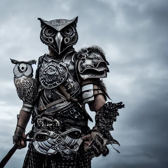 Image similar to photo of a warrior with metal owl theme armour, 4 k, hdr, smooth, sharp focus, high resolution, award - winning photo