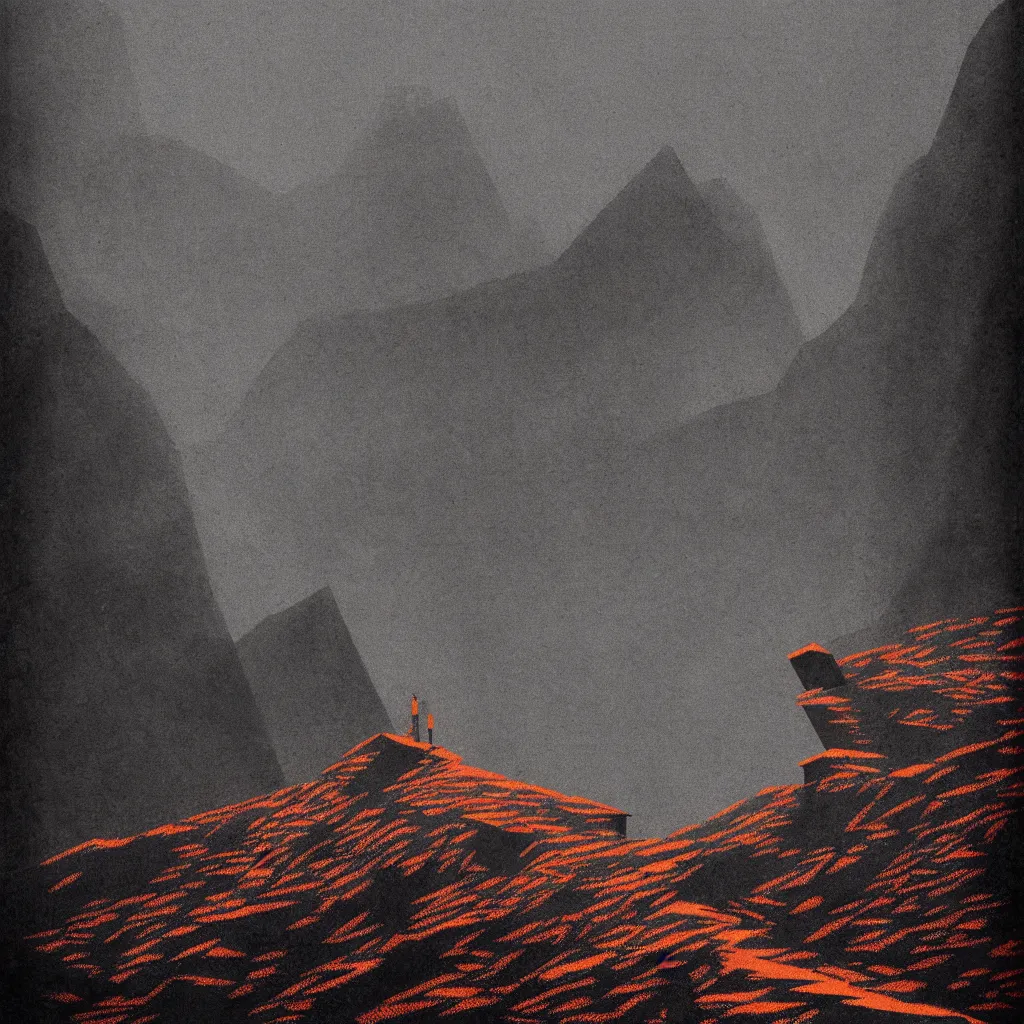 Prompt: backpacking mountain ridge, mads berg, karolis strautniekas, film noir, stippled light, dramatic lighting, editorial illustration, detailed, fine texture, matte print, art deco, brutalism, dark blue + dark orange, red, black, ( ( habitat 6 7 background ) )