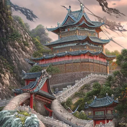 Image similar to dynamic composition, motion, ultra-detailed, incredibly detailed, a lot of details, amazing fine details and brush strokes, colorful and grayish palette, smooth, HD semirealistic anime CG concept art digital painting, watercolor oil painting of epic castle gate, from Three Kingdoms, by a Chinese artist at ArtStation, by Huang Guangjian, Fenghua Zhong, Ruan Jia, Xin Jin and Wei Chang. Realistic artwork of a Chinese videogame, gradients, gentle an harmonic grayish colors.