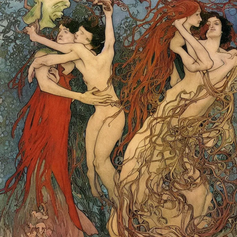 Image similar to A woman with red hair stands and hugs a blonde Anton Pieck,Jean Delville, Amano,Yves Tanguy, Alphonse Mucha, Ernst Haeckel, Edward Robert Hughes,Stanisław Szukalski and Roger Dean