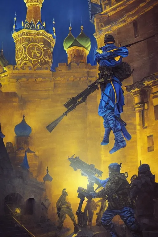 Image similar to special forces soldier installin ukrainian blue and yellow flag on red square kremlin, masculine figure, d & d, fantasy, bright atmosphere, volumetric lights, intricate, elegant, extremely detailed, digital painting, artstation, concept art, matte, smooth, sharp focus, hyper realistic, illustration, art by artgerm and greg rutkowski and alphonse mucha