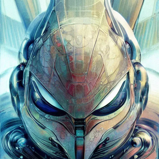 Image similar to a simple concept art portrait of a predatory robotic species. an award winning yoshitaka amano digital art poster color painting. a masterpiece by james gurney. poster colour on canvas.