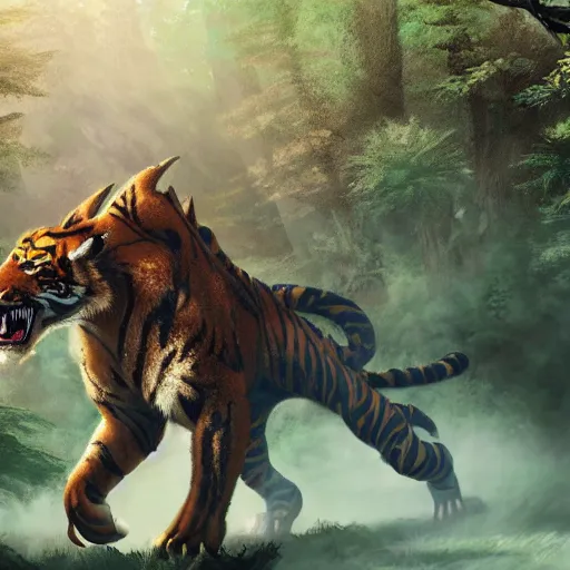 Image similar to a dragon and a tiger hybrid in the forest, dynamic lighting, photorealistic concept art, stunning visuals, creative, cinematic, ultra detailed, best detail