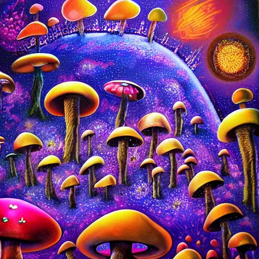 Prompt: mushroom universe by Alex Gray, oil painting, cosmic, ethereal, highly detailed, psychedelic, fractcal, low contrast, trending on artstation