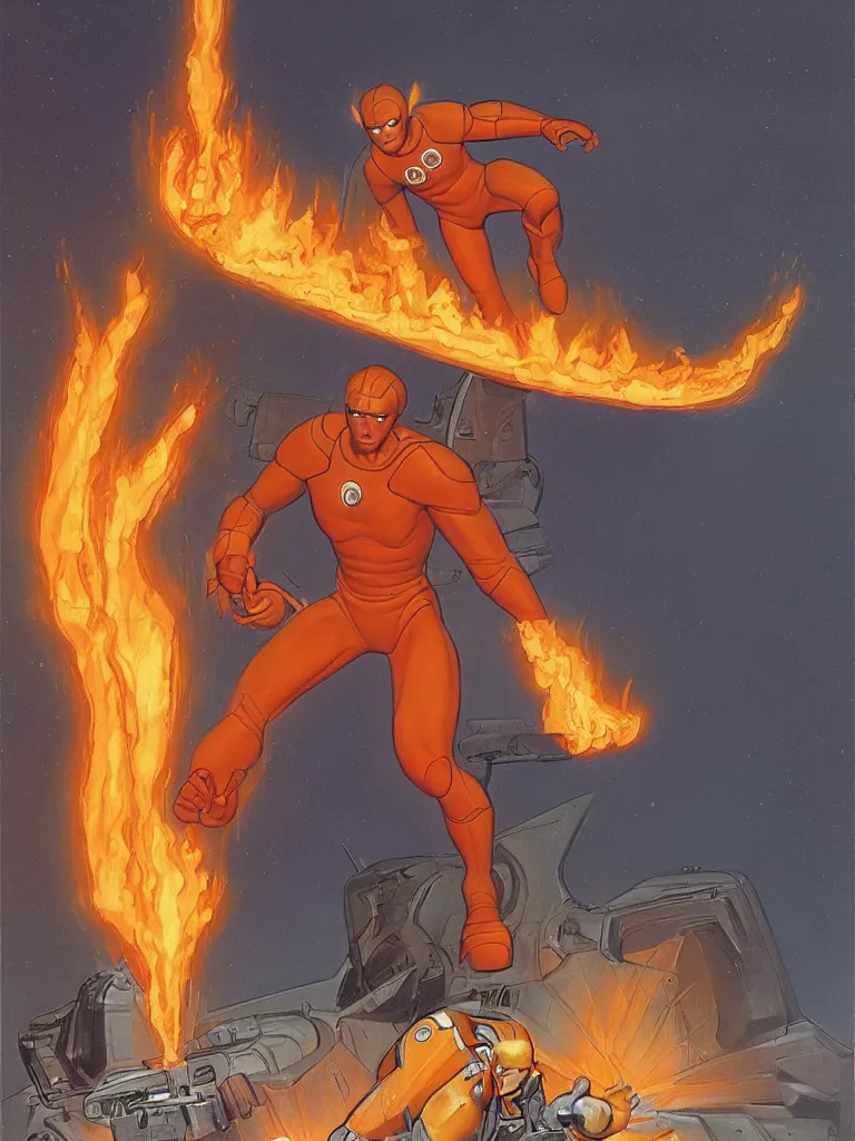 Prompt: human torch, concept art, illustration, sci-fi, art by ralph mcquarrie