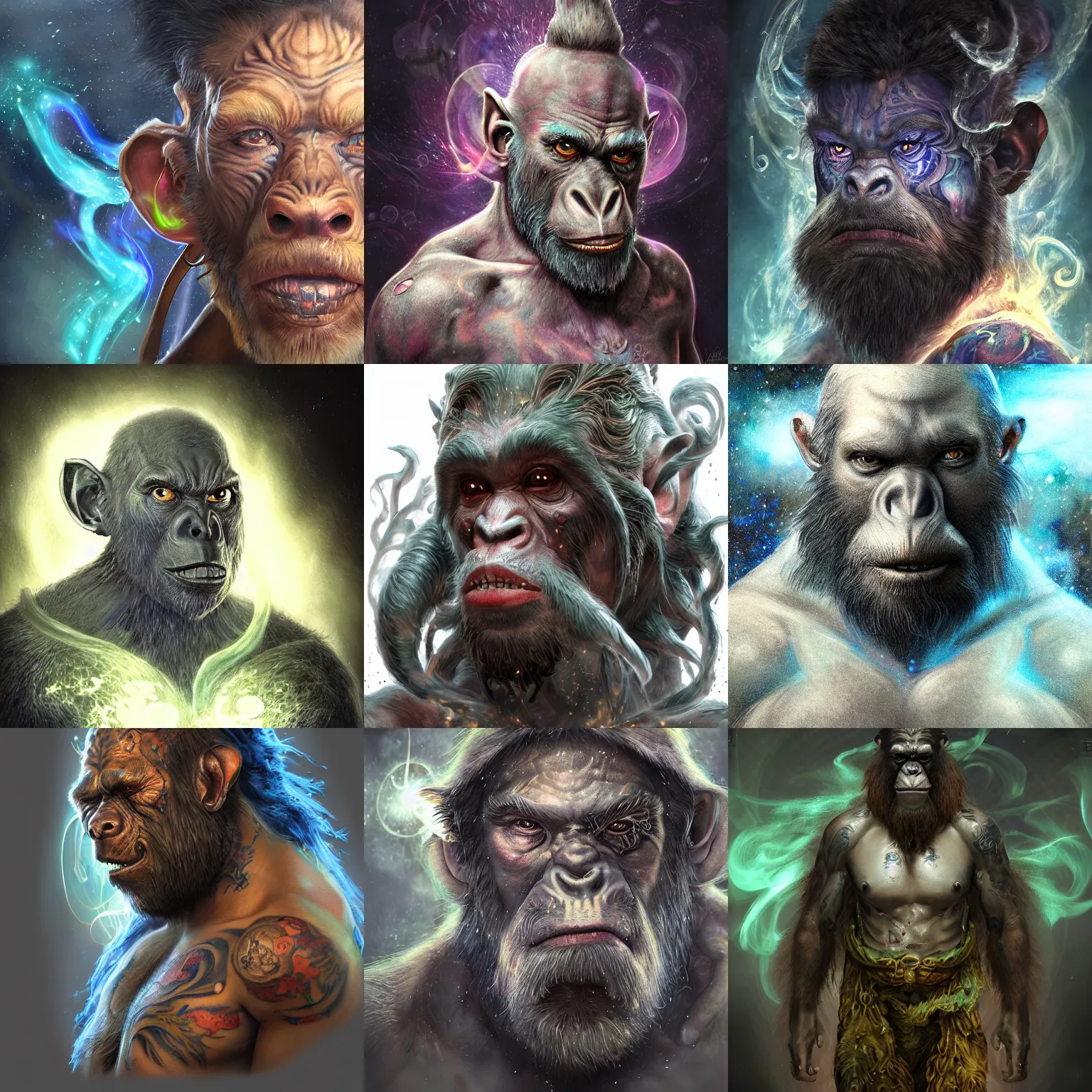 Image similar to a wlop 3 d render of very very very very highly detailed beautiful mystic portrait of a ghost toxic ape warrior with whirling galaxy around, tattoos by anton pieck, intricate, extremely detailed, digital painting, artstation, concept art, smooth, sharp focus, illustration, intimidating lighting, incredible art,