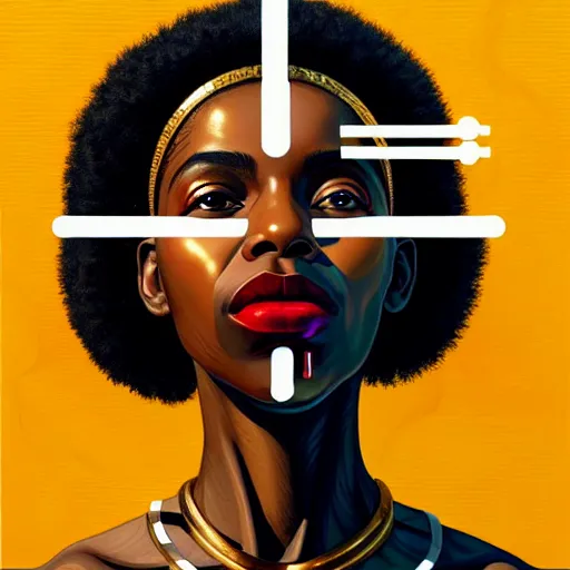 Image similar to portrait of a black woman :: side profile :: blood :: background sea :: intricate details in gold :: oxygen implant :: 8k :: simon stalenhag and Sandra Chevrier