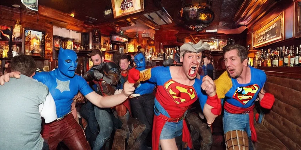 Prompt: !dream a bar fight inside a pub between costumed super heros