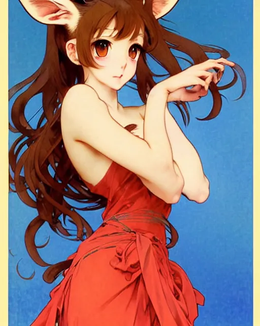 Image similar to A cute frontal fullbody painting of a beautiful anime skinny foxgirl with curly brown colored hair and fox ears on top of her head and tempting eyes wearing a cute red dress looking at the viewer, elegant, delicate, soft lines, higly detailed, smooth , pixiv art, cgsociety, artgem, art by Gil Elvgren alphonse mucha and charles reid, high quality, digital illustration, concept art