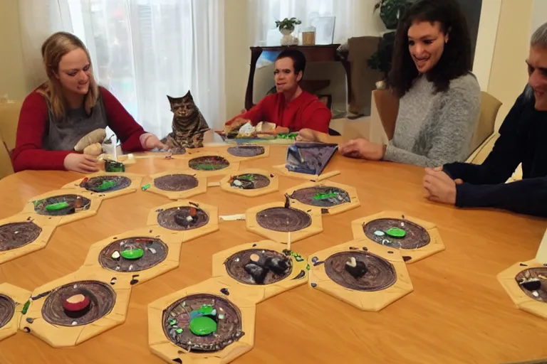 Prompt: Cats sitting around a table playing Settlers of Catan