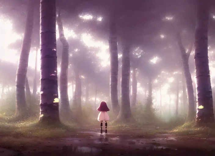 Image similar to a cute thicc mushroom creature, her feet covered in mud, walking around a large aspen forest, fog, atmospheric lighting, by makoto shinkai an krenz cushart