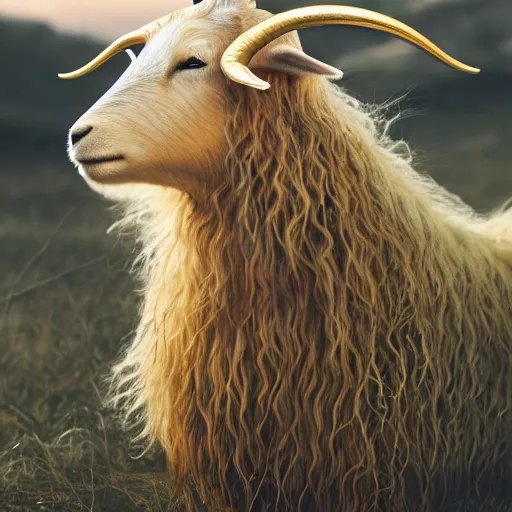 Prompt: real life photo of a beautiful Guernsey golden goat, full body photoshoot, curly golden hair, brown watery eyes, full round face, short smile, short horns, serene field setting, cinematic lightning, medium shot, mid-shot, highly detailed, trending on artstation, Unreal Engine 4k, 80mm, 85mm, cinematic wallpaper