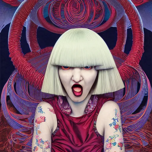 Image similar to portrait of crazy screaming beautiful singer sia kate isobelle furler, big ribbon, ymmetrical, by yoichi hatakenaka, masamune shirow, josan gonzales and dan mumford, ayami kojima, takato yamamoto, barclay shaw, karol bak, yukito kishiro