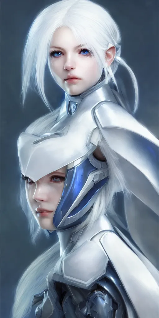 Image similar to perfect white haired girl, warframe armor, beautiful, dreamy, portrait, highly detailed, digital painting, trending on artstation, concept art, sharp focus, illustration, pretty face, blue eyes, sci - fi platform, front lit, laboratory, experiment, masterpiece, art by masayoshi tanaka, akihiko yoshida, kazuya takahashi