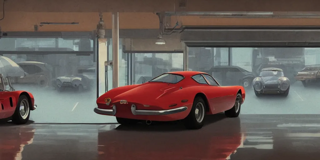 Image similar to a wholesome animation key shot of a focused old ferrari car parked in an multi-storey car park, medium shot, waist up, studio Ghibli, Pixar and Disney animation, sharp, very detailed, high resolution, Rendered in Unreal Engine 5, anime key art by Greg Rutkowski, Bloom, dramatic lighting
