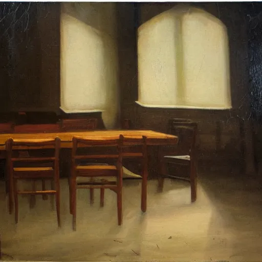 Prompt: in the dark interior, the lens of a european - style long table is facing the chair at the end of the long table. the light from the window hits the room from the oblique direction, and the atmosphere is serious and depressing, classical oil painting