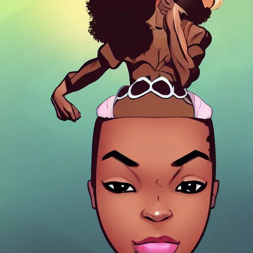 Prompt: comic book hero black girl with Afro, tall and slim figure, brown skinned brown eyes full lips,