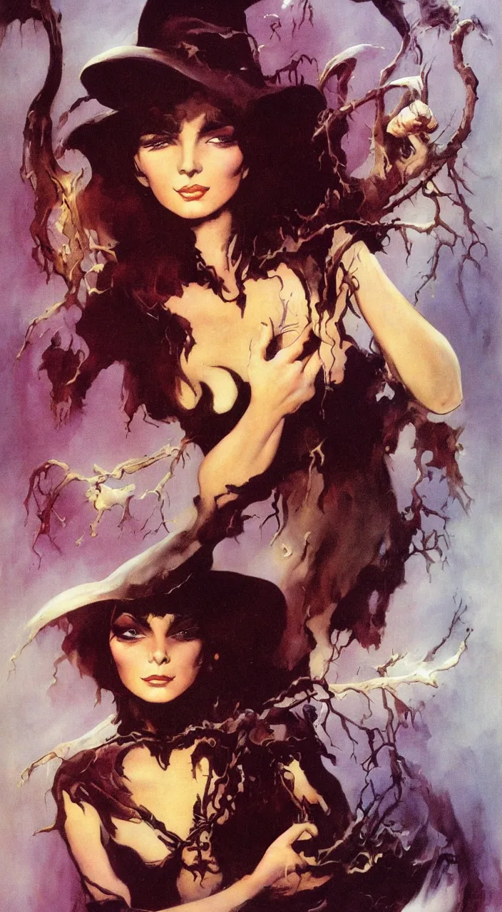 Image similar to portrait of beautiful young witch illustration by frank frazetta and boris vallejo