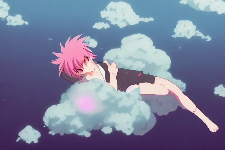 Image similar to a cute anime girl sleeping on a cloud, misty, glows, by studio ghibli, anime, hazy, foggy, ambient lighting, 8 k, neon, synthwave,