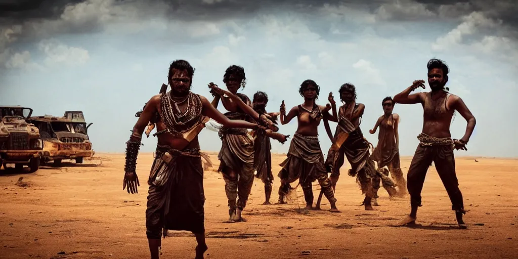 Image similar to sri lankan mad max style, dancing, film still, epic shot cinematography, rule of thirds