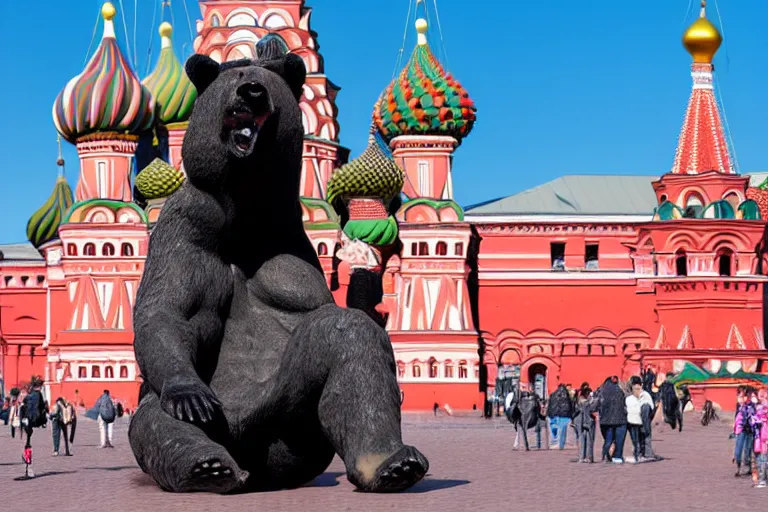 Image similar to a gigantic statue of bear in the middle of the red square, excited russians, symmetry, awesome exposition, very detailed, highly accurate, 8 k