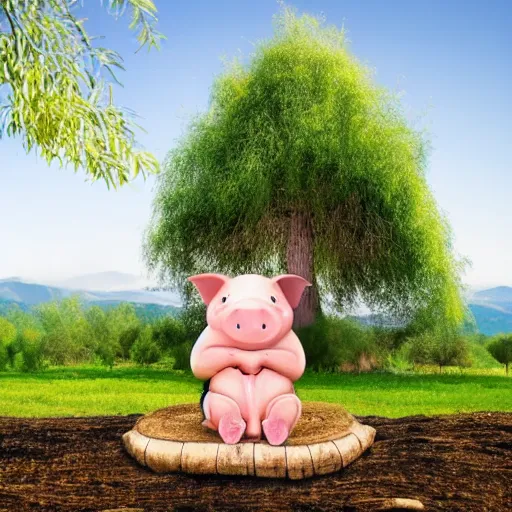 Prompt: a cute pig, meditating like buddha wearing mala beads, on top of a giant mushroom, large willow tree in the background.