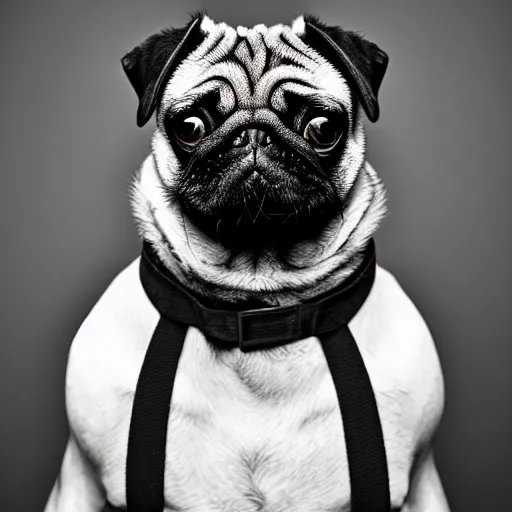 Image similar to portrait of a pug as a rick owens model, darkwear, techwear, goth pug, photo