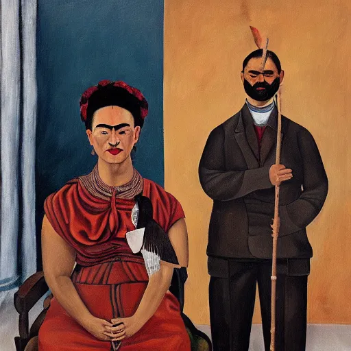 Prompt: oil painting of Frida kahlo standing and holding a knife next to a blindfolded man tied to a chair