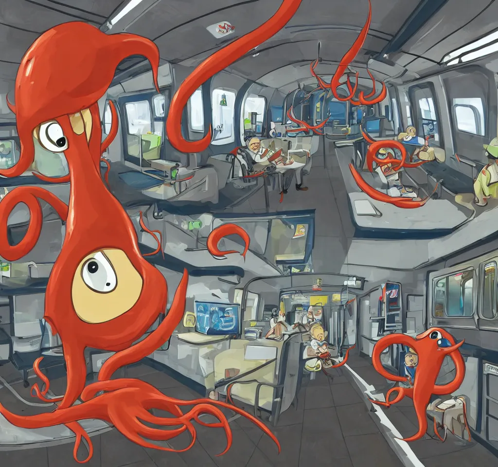 Prompt: a giant squid commuting to work on a suburban train, sponsored by burger squid king. the squid is drawing a technical diagram of a machine which will enslave humanity.