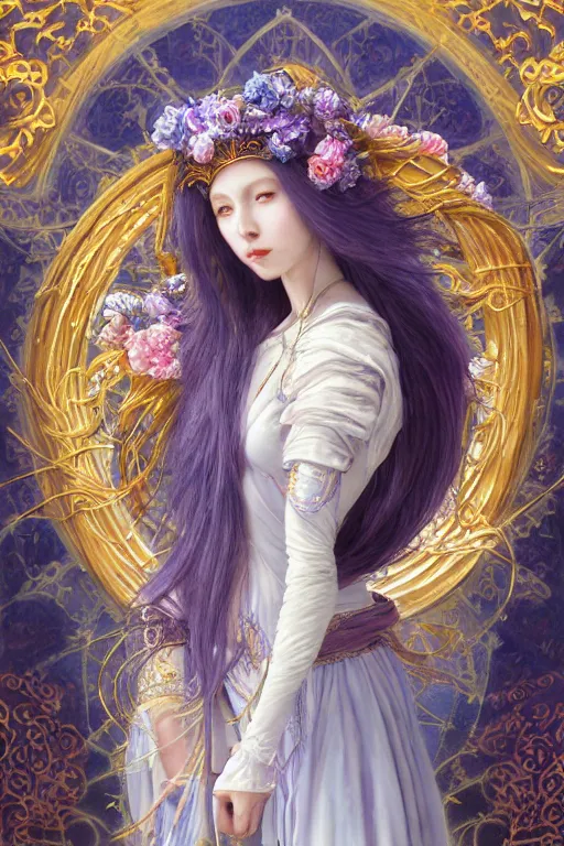 Image similar to breathtaking detailed soft painting of a knight queen with long flowing blue hair, pastel flowers petals and golden ribbons flying, art by pilyeon and yuumei art, symmetrical facial features, at dawn in front of a pristine golden art nouveau cathedral, elegant, volumetric lighting, highly detailed, artstation, concept art, matte, sharp focus,