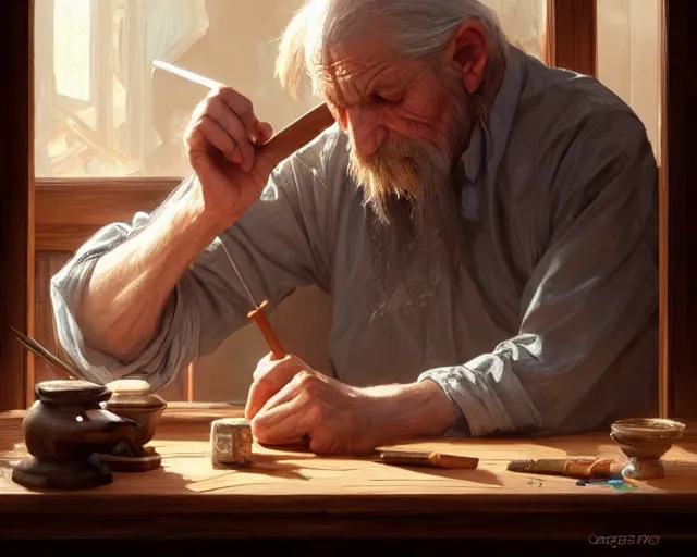 Prompt: a tired old man painting a wooden doll, deep focus, d & d, fantasy, intricate, elegant, highly detailed, digital painting, artstation, concept art, matte, sharp focus, illustration, hearthstone, art by artgerm and greg rutkowski and alphonse mucha