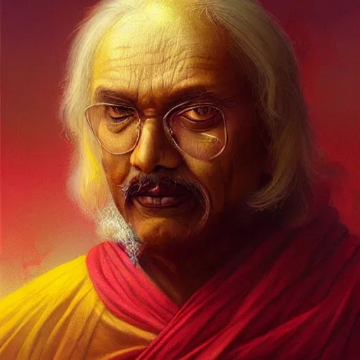 Prompt: wise old Indian guru, floating in the air, red and gold, by Anato Finnstark, Tom Bagshaw, Brom