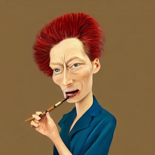 Image similar to an oil painted caricature of a young tilda swinton with a cuban cigar in her hand, blowing out smoke, by salvador dalí, trending on art station, 4K, studio ghibli color scheme