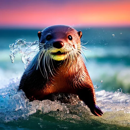 Image similar to a closeup photorealistic photograph of a cute otter - cat hybrid splashing in the surf during sunset. professional capture, well lit shot. this 4 k hd image is trending on artstation, featured on behance, well - rendered, extra crisp, features intricate detail, epic composition and the style of unreal engine.