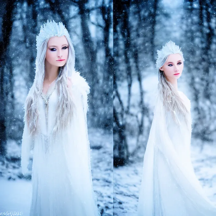 Prompt: photograph of a real-life beautiful ice queen with intricate white dress in an ethereal snowy landscape. Extremely detailed. 8k