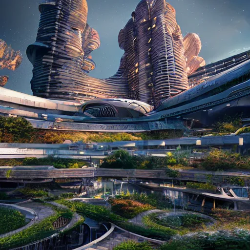 prompthunt: Sunrise over solarpunk city, vines, many trees and plants,  futuristic flying vehicles and drones, archdaily, architectural digest,  busy streets filled with people, sun rays, colorful blooming flowers,  vertical gardens, utopia, beautiful