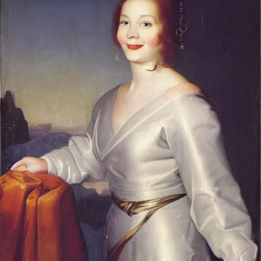Prompt: portrait of a young woman in silver robe with a radiant smile, fine art