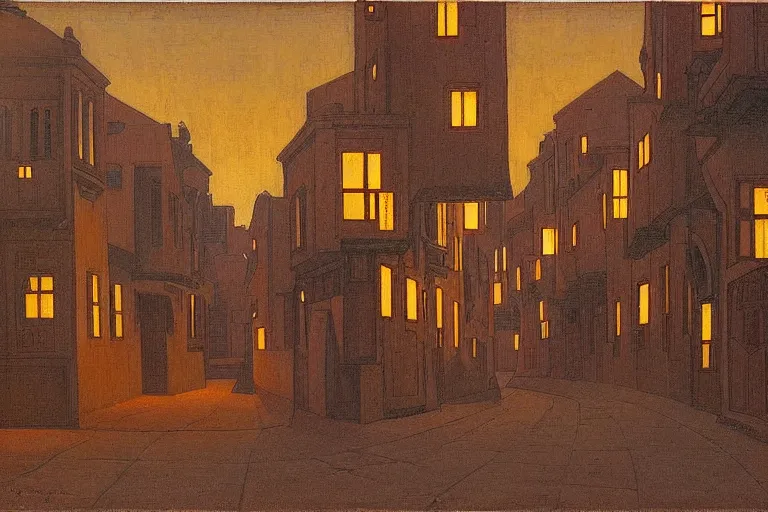 Image similar to winding street at twilight in a very old city by George Price Boyce and Nicholas Roerich and jean delville, glowing paper lanterns, strong dramatic cinematic lighting , ornate tiled architecture, lost civilizations, smooth, sharp focus, extremely detailed