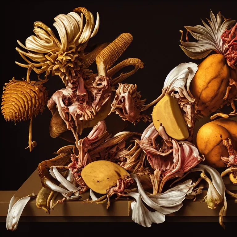 Image similar to still life of rotten flesh, beautiful tropical flowers, human spine, tropical fruit baroque painting, beautiful detailed intricate insanely detailed octane render, 8K artistic photography, photorealistic, chiaroscuro, Raphael, Caravaggio