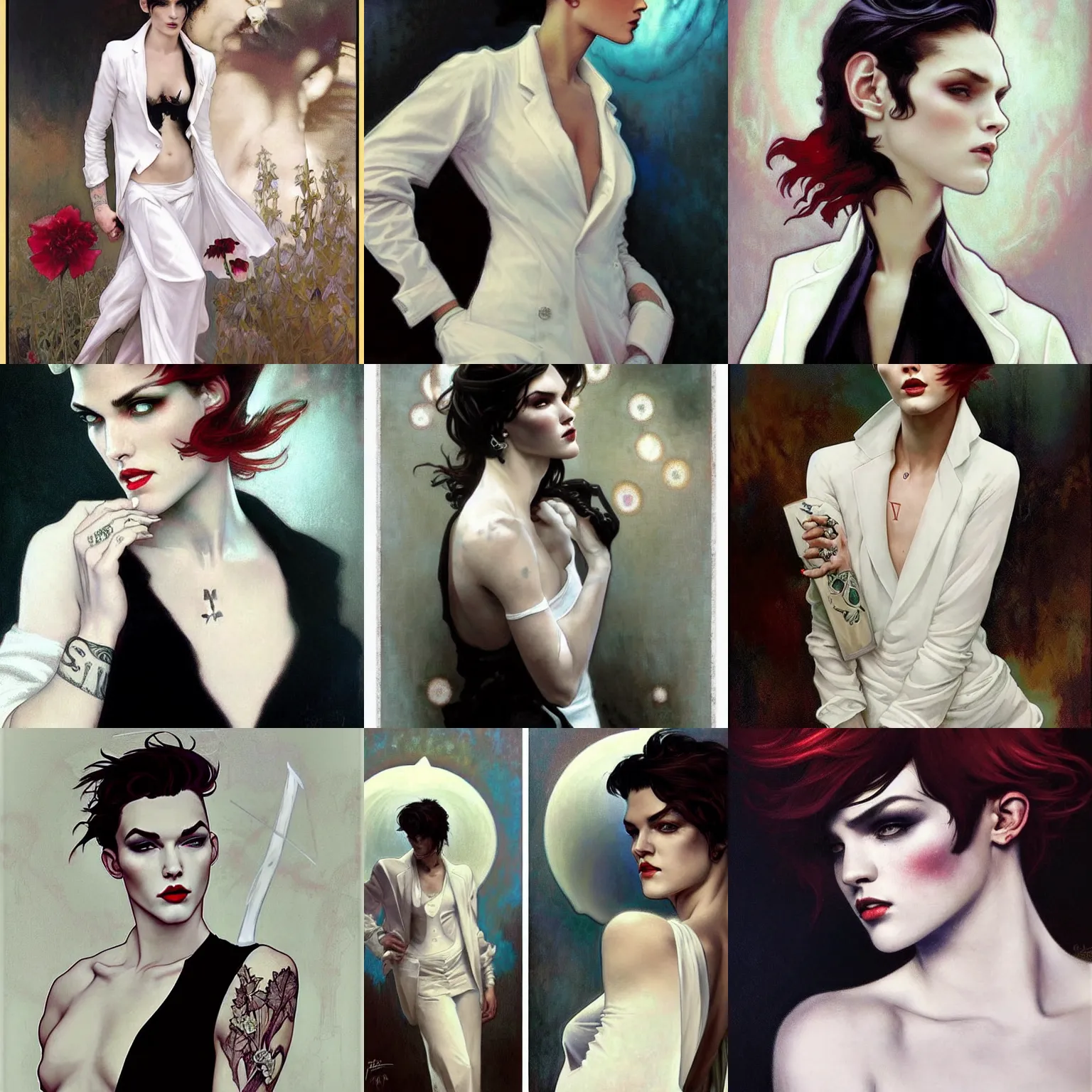 Prompt: beautiful portrait of androgynous ruby rose as desire from sandman in a white tuxedo!!!, rockabilly style, by alphonse mucha, by jeremy mann, by lecouffe deharme, white suit and black tie, soft lightning, high detailed, 8 k