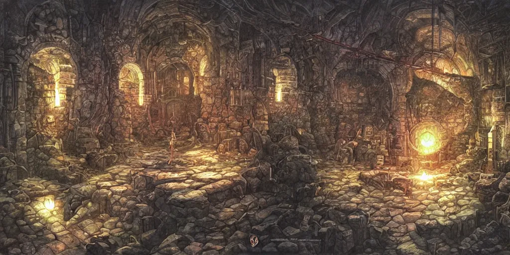 Image similar to a map of a dungeon, detailed fantasy painting by artgerm, noriyoshi ohrai, yuumei